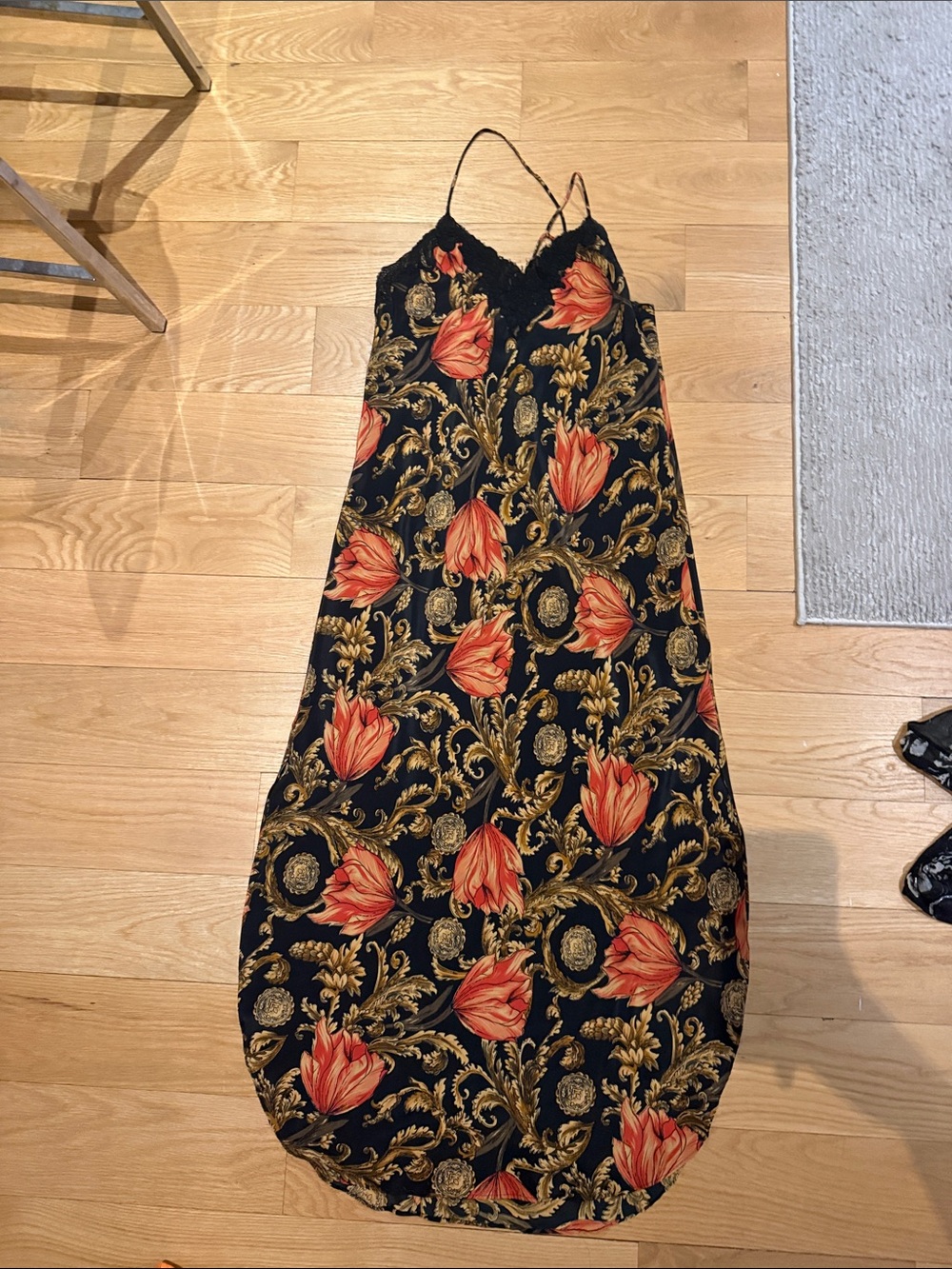 Natori Black Chemise with Orange Floral & Gold Scrolls